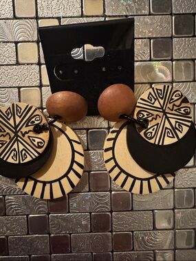 Boho Black & Natural Wood Drop Earrings